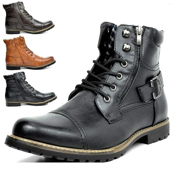 Botas Size38-48 Hombres Cuero Punta Redonda Patrón de Cuadrícula Tacón Cuadrado Zapatos Masculinos Exquisito Moda Ocio Diseño Motocicleta