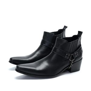 Bottes Slip on Men Botkle Boots épais talons hauts Mentes Punk Boots avec chaîne Fashion Black Real Cuir Work Chaussures Nouvelles bottes d'automne printemps