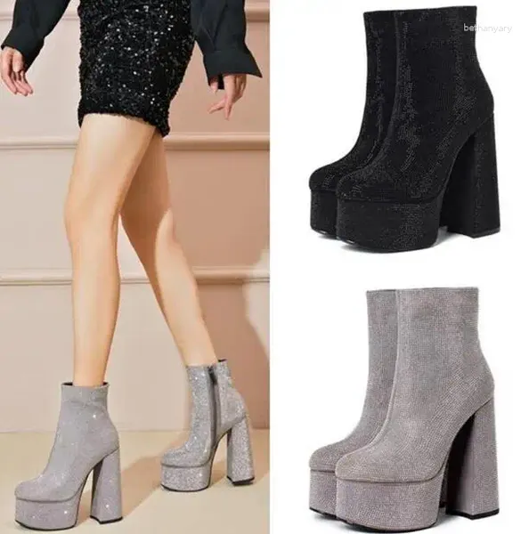 Botas Sliver Black Bling Full Rinestone Sequined 145 mm Tacos gruesos Mujer mujer redonda Plataforma de botones cortos Zapatos Dama