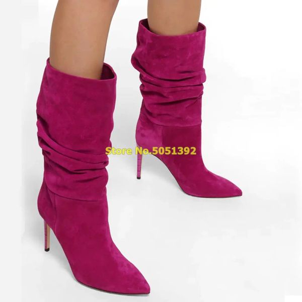 Boots Souchy Mid Calf Bottes en daim rose rosy STILETTO HEUR THEEL SEXY POINT POINDE SLOOT SUR FACHEM