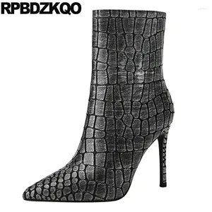 Bottes Snake Skin High Talons 44 Ultra mince Toe à pointe de grande taille chaton talon cheville Chaussures 33 Cuir Python Small Cow Zip