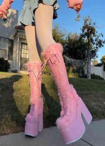 Laarzen sneeuwlaarzen voor vrouwen modeplatform Chunky Heel Goth Boots Knie High Med Kalf Winter herfstschoenen 2022 Pink Sugar T2209151117877