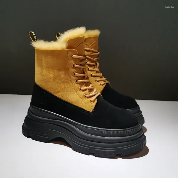 Bottes de neige pour femmes, plateforme en peau de mouton, cheville en daim de vache, courtes et chaudes, chaussures à lacets, collection hiver 2023