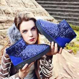 Laarzen Sneeuw Vrouwen Designer Merk Meisje 2023 Winter Mode Casual Vrouwelijke Pluche Warme Blauwe Rubberen Schoenen Outdoor Bling Enkel Schoenen