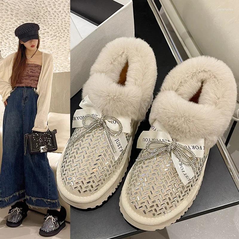 Boots Snow Women's 2024 Winter Sweet Bow Knot Rhinestone Plush Warm Short Ankle Hair Cotton Casual Botines Mujer
