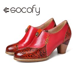 Bottes Socofy 2023 Nouvelles femmes en cuir rétro pour les chaussures de talon Mid Talon Fleur Emed Ing Design confort