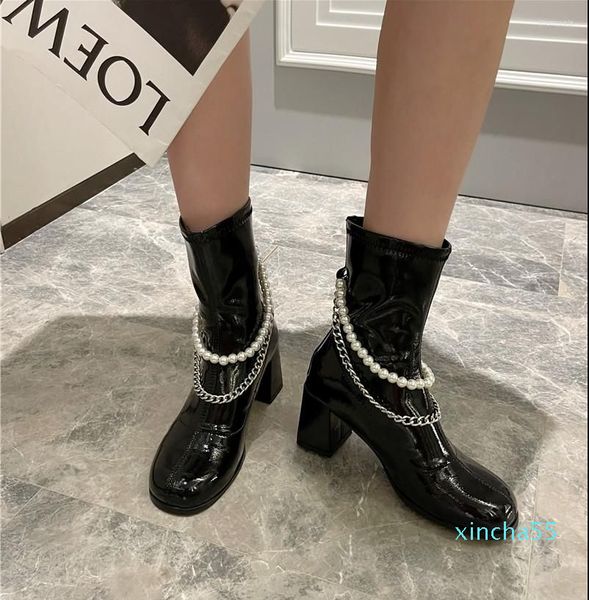 Bottes couleur unie femmes cheville bout rond perle chaîne en métal décoration épais talons hauts noir blanc sans lacet Stretch chaussons