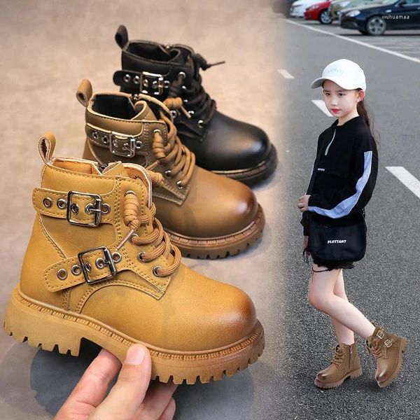 Botas Sólido Niños Moda Hebilla Vintage PU Cuero Antideslizante Niños Niñas Tobillo Zapatos Británico Cremallera Niños Corto