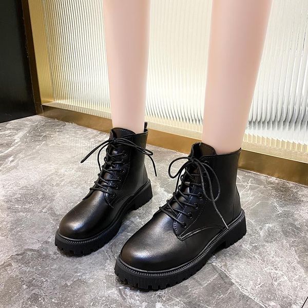 Botas de cuero sólido, zapatos góticos negros, 2023, para mujer, tobillo, tacón medio, con cordones, otoño, Sexy, de alta calidad, de talla grande