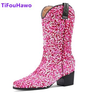 Laarzen Sprankelende Western Cowboy Laarzen voor Vrouwen Hoge hakken Bling Enkellaarsjes Schoenen Dames Chunky Hoge Hak Cowgirl Laarzen 230728