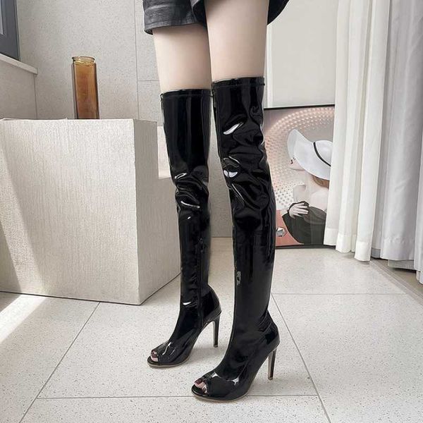 Bottes printemps 2023 nouveau bout ouvert talons hauts femmes botte talons minces chevalier botte boîte de nuit sexy tuyau en acier botte de danse noir genou botte Muje AA230412