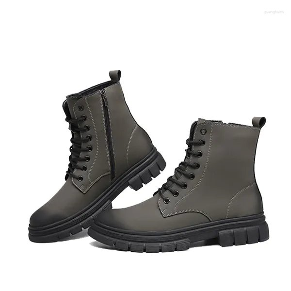 Bottes Printemps Automne Mode Gris Cuir Hommes Haute Pointu Moto Hommes En Plein Air Étanche Cheville