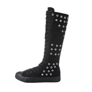 Boots printemps automne nouveau coréen style talons plats coupées rivets crosstités plus taille 4043 toile femmes kneehigh longues équestres bottes