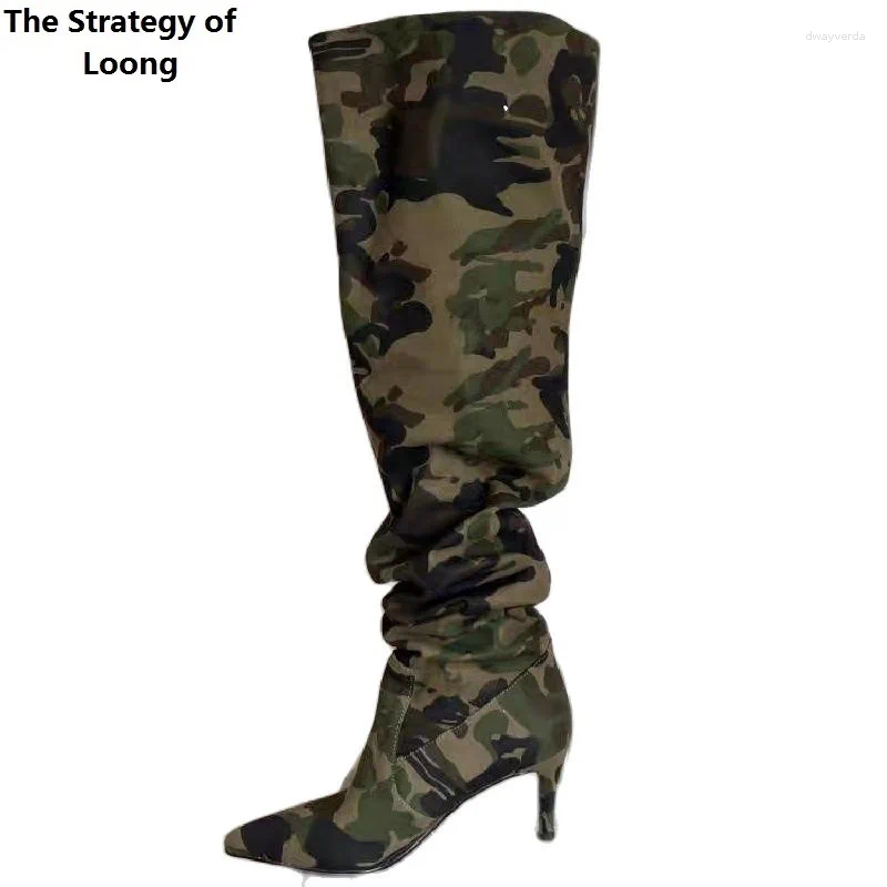 Boots Spring Autumn Slim Thin High Heels Pointed Toe Flanging Camouflage Cotton Fabric Women Knee-High Long Modern 10J 2307