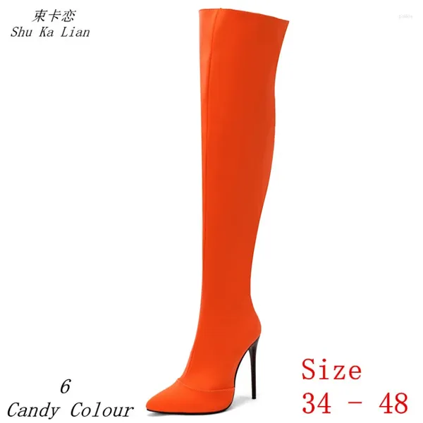 Bottes printemps automne femmes sur le genou long 12 cm chaussures de talon haut 6 bonbons couleur femme plus taille 34 - 48