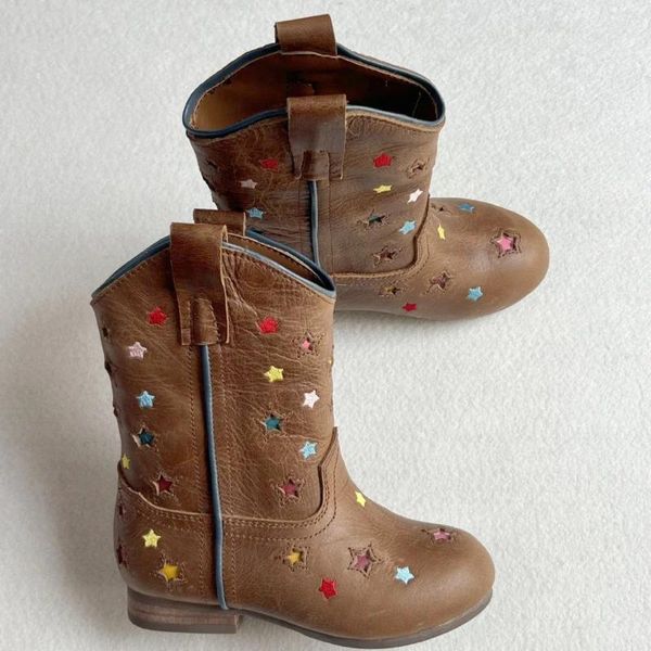 Bottes de printemps en cuir pleine fleur pour filles, chaussures de haute qualité avec broderie d'étoiles véritables pour enfants