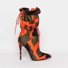 Laarzen Spring Hoge Heels Poated Toe Mid Calf Boots For Women Fashion Camouflage Print Stiletto Lace Up Damesschoenen Botas Mujer 230311