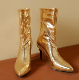 Laarzen Lente Sexy Hoge Hakken Stiletto Laarzen Gouden Enkellaarzen Puntschoen Zilveren Damesschoenen