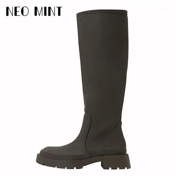 Botas Primavera Zapatos de mujer Alto Caqui Verde Laminado Plano Punta redonda Invierno Tacón grueso Mujer Largo