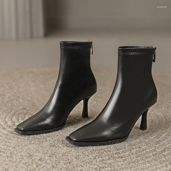 Botas cortas con punta cuadrada para mujer en otoño e invierno, versión coreana de tacón delgado con una elegante cremallera trasera elástica