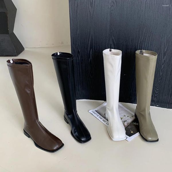 Botas Square Toe Mujer Rodilla Alto Negro Marrón Blanco Verde 2023 Llegadas Invierno Mujer Plano Tacones bajos Cremallera trasera