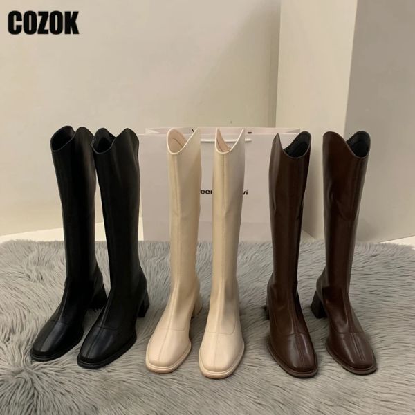 Botas Square Toe Musillo para mujeres Botas altas 2023 Nuevo otoño de la rodilla de invierno Botón alto vestido femenino Tisos gruesos Pombas de damas Partido de zapatos