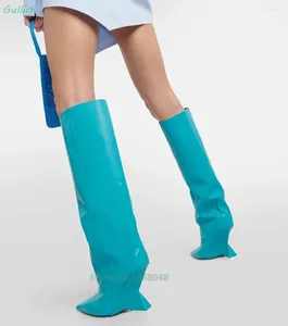 Boots Strange Syle Heel Knee High Ligh Blue Leather Fashion 2024 Robe d'automne d'hiver Chaussures du fabricant d'oeurs pointus sexy