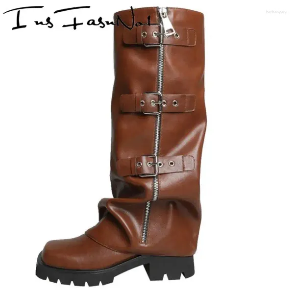 Boots Street Style Pasaged Metal Decorations Knee High Women Knight Zipper Square Toe Toe Chunky Talons Western Cool Motorcycle