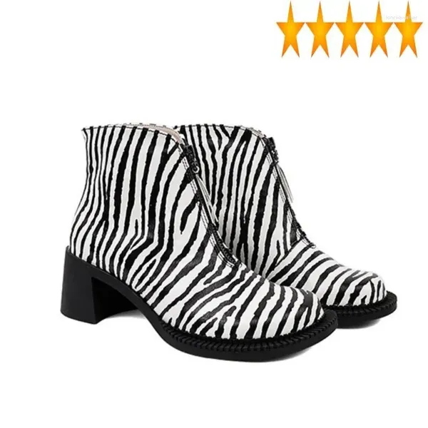 Botas Street Mujeres Zebra Rayas Top Imprimir Cremallera frontal Punta redonda Otoño Casual Tobillo Bloque de cuero Tacones altos Zapatos