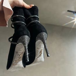 Laarzen Stretchenkellaarzen Dames Puntschoen Korte laarzen Hakken Slang Strass Catwalk Stiletto Schoenen Informeel Herfst Feest Rok Laarzen 231206