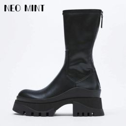 Boots Stretch Platform Both Boots for Women Microfiber Leather Back Zip Black Ankle Midcalf Chelsea Women Boots With Fur inside