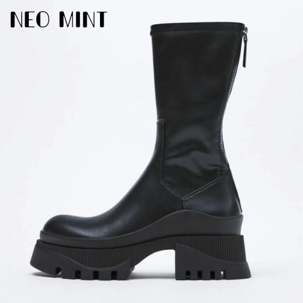 Botas Plataforma el estiramiento Botas de invierno para mujeres Microfibra de cuero trasero Tobillo negro Midcalf Chelsea Mujeres botas con pelaje en el interior