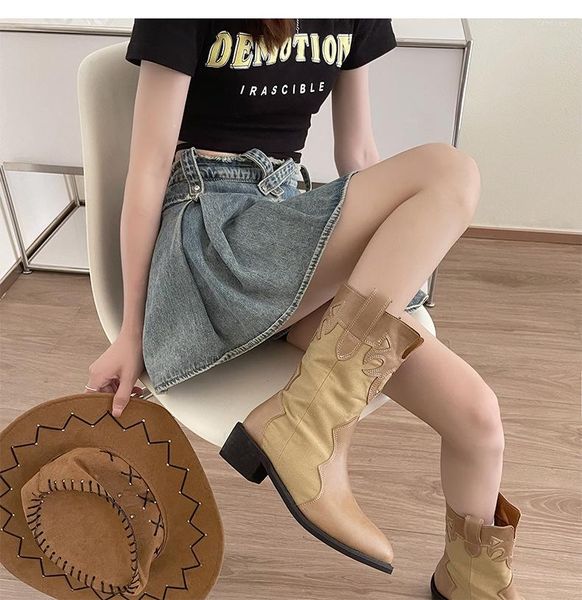 Botas STRONGSHEN Mujer Western Vintage Knight Suede Bordado Hasta la rodilla Tacones puntiagudos Botas Feminina