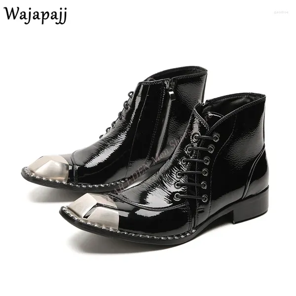 Bottes Style Metal Point Toe Men Men de cuir Leste côté latérale et zipper Male Black High Top Balroom Party Shoes courtes