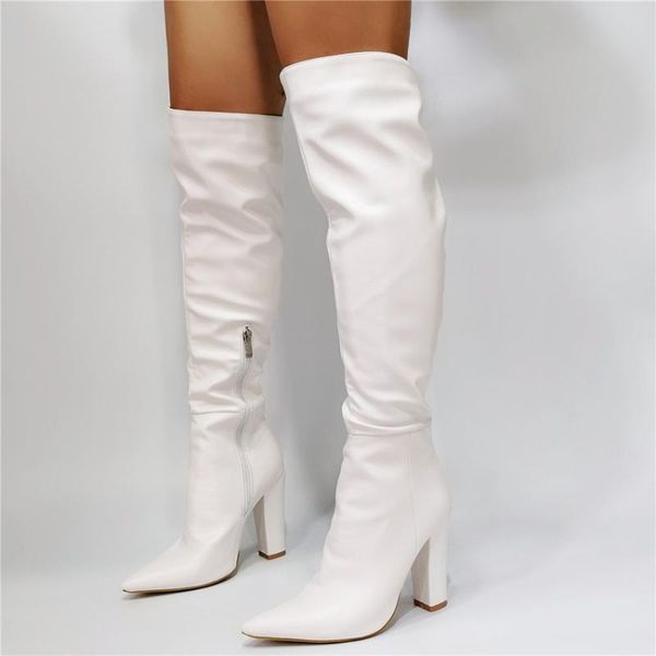 Bottes élégantes Femmes Cuisse Haute Côté Capulette épais Talons sur le genou Blanc Automne Chaussures d'hiver Femme Grande taille 41 43 45 47