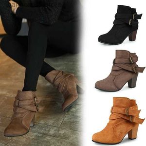 Bottes daim bottines femmes épais talons hauts chaussures d'hiver femme chaussons Botines Feminina grande taille Botas Mujer 569 T230713