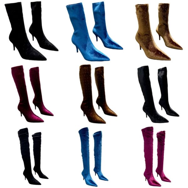 Botas Zapatos de diseñador de tela de gamuza Botas hasta la rodilla con punta puntiaguda Medias botas clásicas para mujer Botas hasta el muslo con letras Tacones altos sexy de lujo Zapatos de lijado de satén elástico