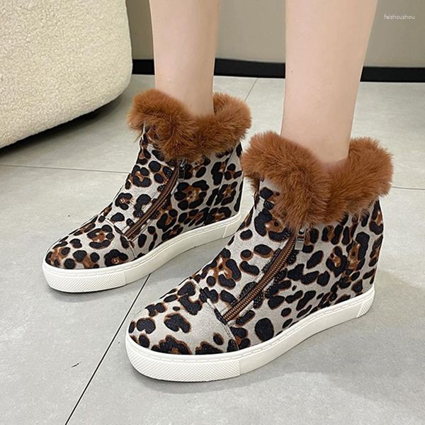 Botas de gamuza con estampado de leopardo para mujer, zapatos de algodón con tacón plano antideslizante, forro de felpa cálido, talla grande 42, 2023