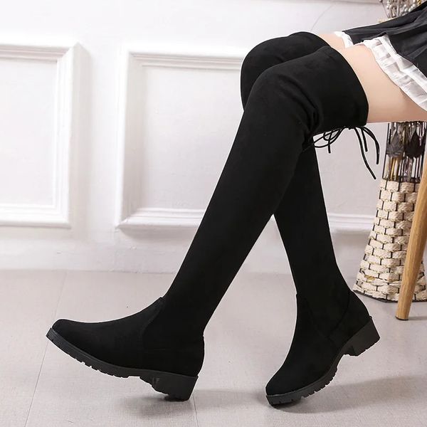 Botas de gamuza sobre la rodilla Alta Mujer Cálido Plano Chunky Largo Cómodo Otoño Invierno 2024 Diseñador Negro Estiramiento Muslo 231023