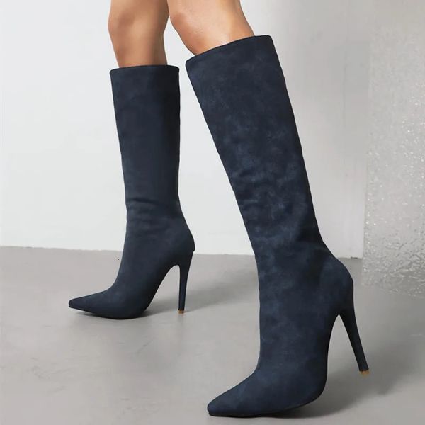 Botas de gamuza para mujer, botas hasta la rodilla, zapatos de fiesta de tacón alto con punta estrecha sexy, calzado para mujer, bota larga de invierno azul gris 231213