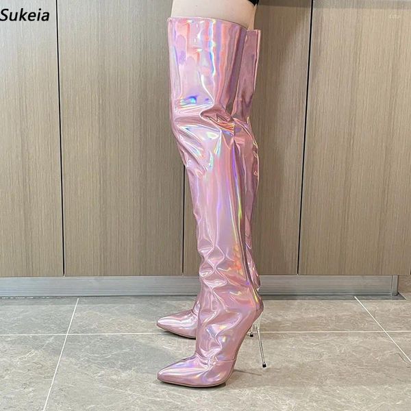 Bottes Sukeia Femmes faites à la main Hiver cuisnes minces talons hauts pointés beaux chaussures de fête rose dorée dames nous