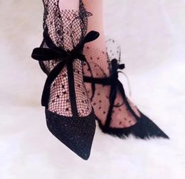 Boots Summer Fashion Lace Mesh Banadge Ankle Femmes pointues Coneaux Talons Sexy Ladies High Heel Bowtie