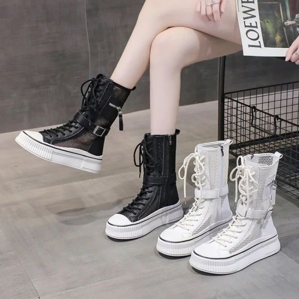 Botas Summer High Top Shoes Women's Shoes Boots Alto Side Zipper Flats Spats Vulcanized LaceUp COFÍBLES PLATABLES