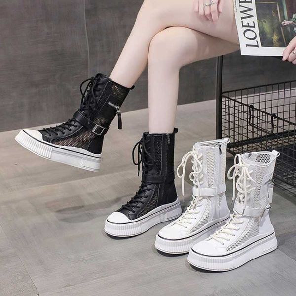 Botas de verano, zapatos de mujer de alta calidad, botas hasta la rodilla, zapatos planos con cremallera lateral, zapatos vulcanizados con cordones, cómodas zapatillas de plataforma para mujer Z0605