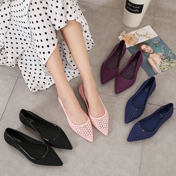 Boots Summer Hollowout Flats Meuve Chaussures Femme Bowknot Point Point Toe Houstable Ladies Mandis Silver Pad Dark Brown Clear Hole Chaussures