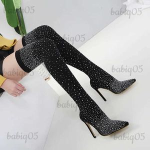 Bottes Été genou bottes 2022 luxe femme chaussures strass bout pointu Sexy talons hauts grande taille 43 cuisse haute chaussette Botas De Mujer T231117