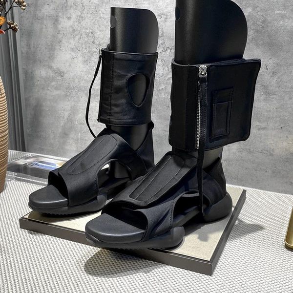 Bottes été hommes fer à cheval talon Cool luxe noir haut sandales Style romain mi-mollet chaussures femmes Peep-Toe 2A