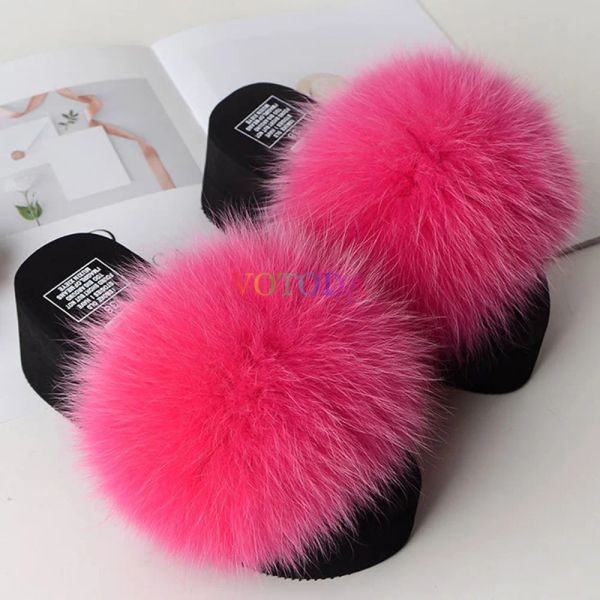 Boots Summer coin pantoufles femmes tongs tongs Furry Furry Real Fox Fur Slides Platform Shoes Feme Feme Home Slippers Fashion Casual Ladies Chaussures