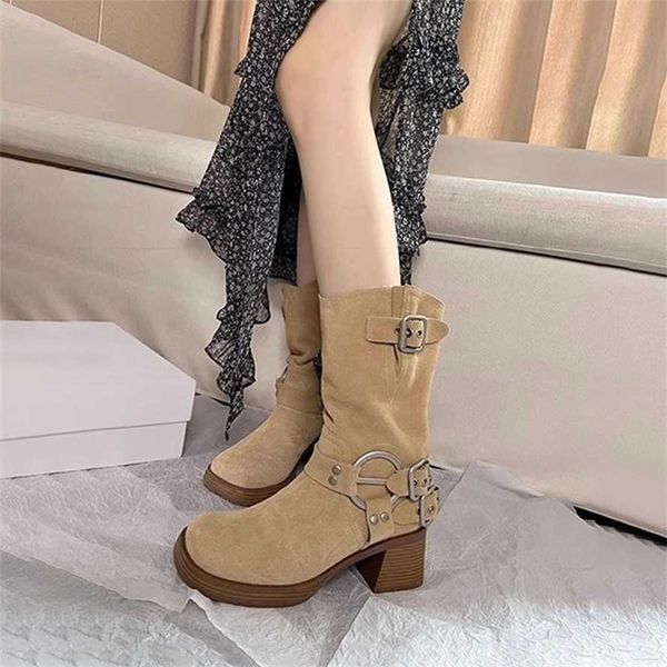 Bottes été femmes déchets sol pli talon haut polyvalent long tube givré daim tête carrée empilée 230830