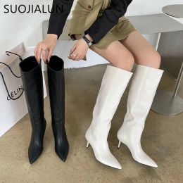 Botas SuoJialun Winter New Brand Women Botas largas Fashion Slip On Toe Slip On Ladies Knee Boots Flin High Heel Knight Bots